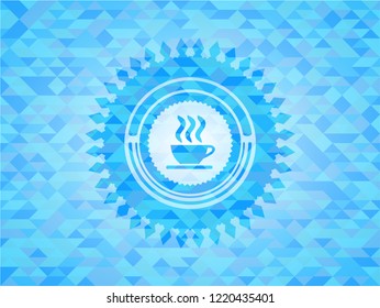 coffee cup icon inside sky blue emblem. Mosaic background