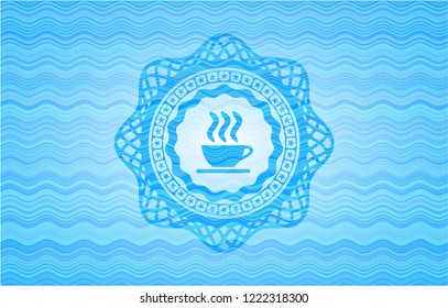 coffee cup icon inside sky blue water wave style emblem.
