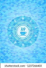 coffee cup icon inside sky blue emblem with triangle mosaic background