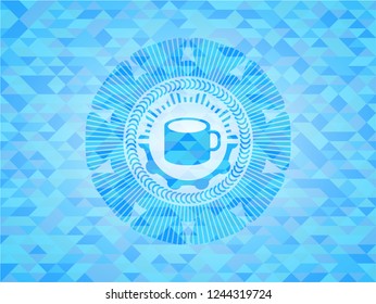 coffee cup icon inside sky blue mosaic emblem