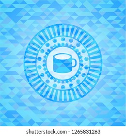 coffee cup icon inside sky blue emblem with mosaic background