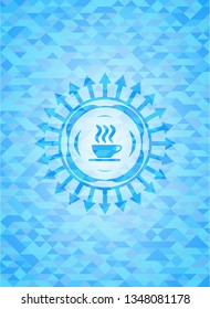 coffee cup icon inside sky blue emblem with mosaic background