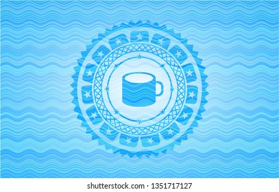 coffee cup icon inside sky blue water wave emblem background.