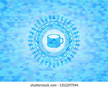 coffee cup icon inside sky blue emblem with mosaic background