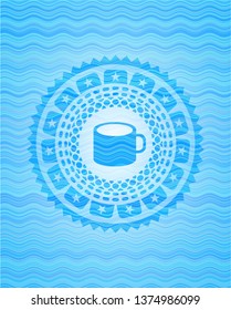 coffee cup icon inside sky blue water wave style emblem.