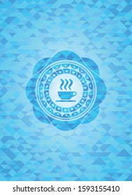 coffee cup icon inside sky blue emblem with triangle mosaic background