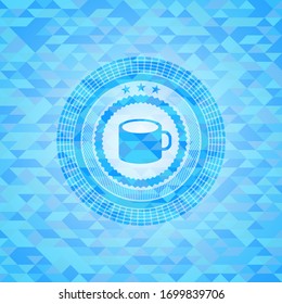 coffee cup icon inside sky blue emblem with mosaic background