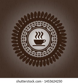 coffee cup icon inside vintage wood emblem