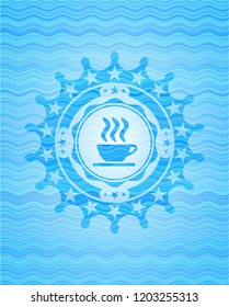 coffee cup icon inside water wave style badge.