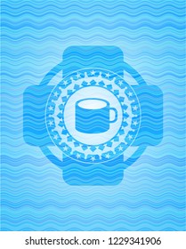 coffee cup icon inside water wave concept badge background.