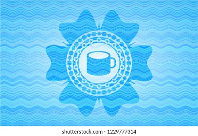 coffee cup icon inside water wave concept badge.