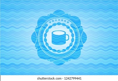 coffee cup icon inside water wave concept badge.