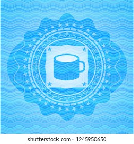 coffee cup icon inside water wave representation style badge.