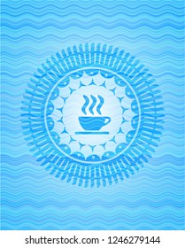 coffee cup icon inside water wave emblem.