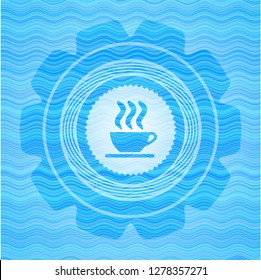 coffee cup icon inside water wave badge.