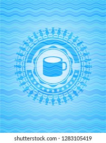 coffee cup icon inside water concept style badge.