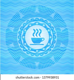 coffee cup icon inside water wave emblem background.