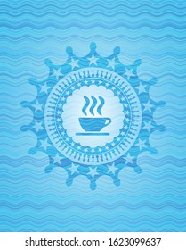 coffee cup icon inside water wave representation badge background.
