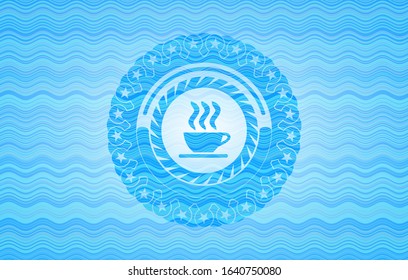 coffee cup icon inside water wave representation badge background.