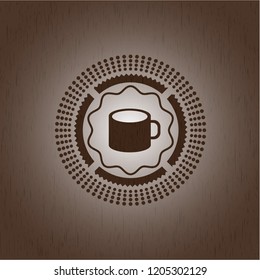 coffee cup icon inside wood emblem. Vintage.