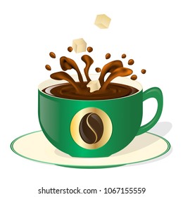 Coffee Cup Icon Isolated on White Background. Coffee cup with splashes, pieces of sugar vector illustration.