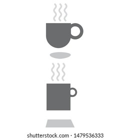 Coffee cup icon with light grey shadow underneath it. Different designs of dark brown mugs. Vector icon representing coffe-break.