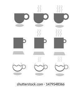 Coffee cup icon with light grey shadow underneath it. Different designs of dark brown mugs. Vector icon representing coffe-break.