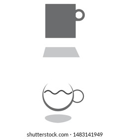 Coffee cup icon with light grey shadow underneath it. Different designs of dark brown mugs. Vector icon representing coffe-break.