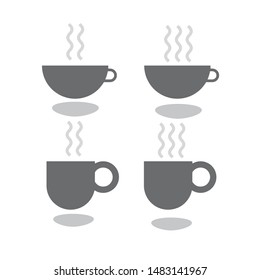 Coffee cup icon with light grey shadow underneath it. Different designs of dark brown mugs. Vector icon representing coffe-break.