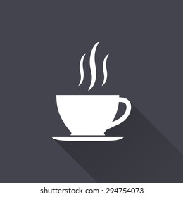 Coffee cup icon with a long shadow on a black background. Vector illustration.