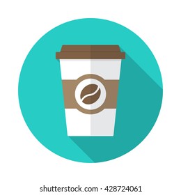 Coffee cup icon with long shadow. Flat design style. Round icon. Coffee cup silhouette. Simple circle icon. Modern flat icon in stylish colors. Web site page and mobile app design vector element.