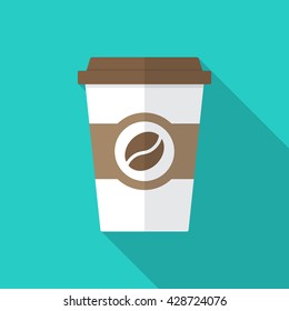 Coffee cup icon with long shadow. Flat design style. Coffee paper cup silhouette. Simple icon. Modern flat icon in stylish colors. Web site page and mobile app design vector element.