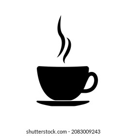 Coffee cup. Icon of mug of hot coffee or tea with steam. Black pictogram for cafe. Symbol of espresso, caffeine, latte and mocha. Logo for restaurant and shop. Aroma drink. Vector.