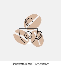 Coffee cup icon on a background of coffee beans. The graphic effect of aromatic coffee for cheerfulness and good mood. Vector illustration