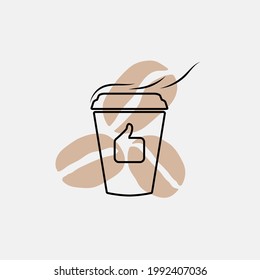 Coffee cup icon on coffee beans background with product quality element, thumb up. The graphic effect of aromatic coffee. Coffee break. Vector illustration