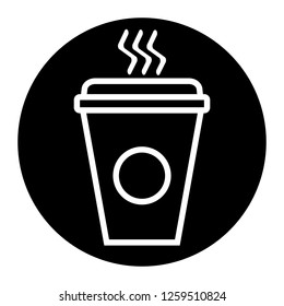 Coffee cup icon on black circle. White background