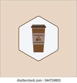 Coffee cup icon on brown background.