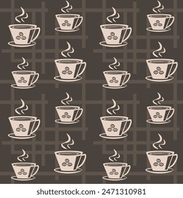 Coffee cup icon on dark checkered background seamless vector pattern, decorative design for restaurant and coffee house, wallpaper, packaging.