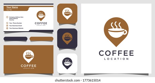 Coffee cup icon on the map pin. The coffee cup pin addresses the location for a coffee gathering. logo and business card design
