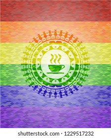 coffee cup icon on mosaic background with the colors of the LGBT flag