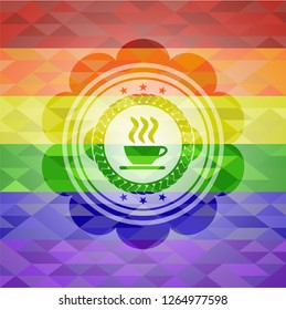 coffee cup icon on mosaic background with the colors of the LGBT flag