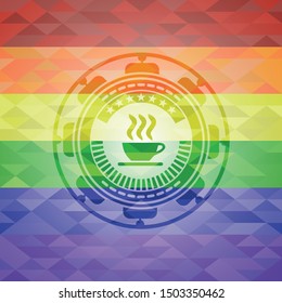 coffee cup icon on mosaic background with the colors of the LGBT flag