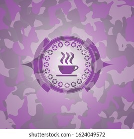 coffee cup icon on pink camouflaged texture