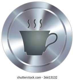 Coffee cup icon on round stainless steel modern industrial button