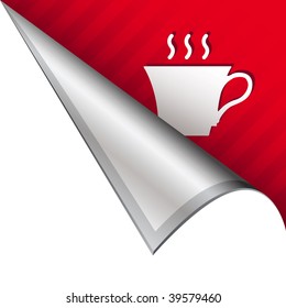 Coffee cup icon on vector peeled corner tab suitable for use in print, on websites, or in advertising materials.