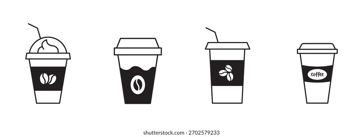 Ícone da xícara de café. Conjunto de ícone de xícara de papel de café. Xícara de café descartável. Ícone de xícara de café com estilo diferente. Ilustração vetorial