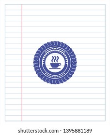 coffee cup icon pen emblem. Blue ink. Vector Illustration. Detailed.