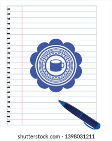 coffee cup icon pen emblem. Blue ink. Vector Illustration. Detailed.