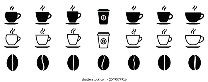 Coffee cup icon set. Coffee bean icon. Vector illustration
