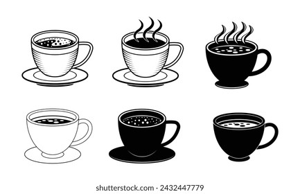 Conjunto de iconos de taza de café en diseño gráfico de ilustración vectorial en blanco y negro